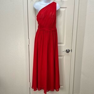 JJ’s House Red Gown Sheer One Sleeve Ruched Maxi